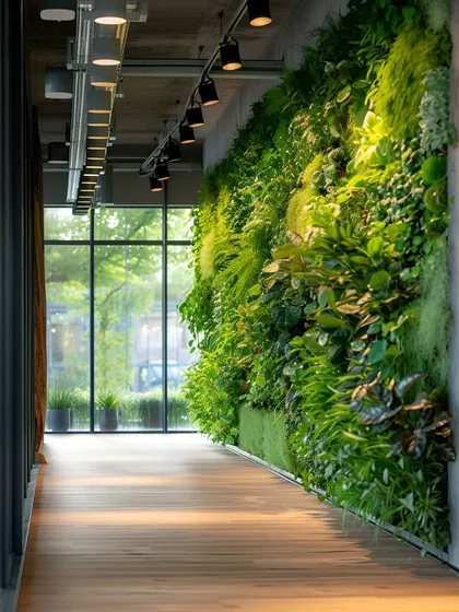 A long vertical garden wall lining a hallway with large windows. The natural light from the windows enhances the realistic look of the artificial plants, creating a beautiful indoor-outdoor connection.