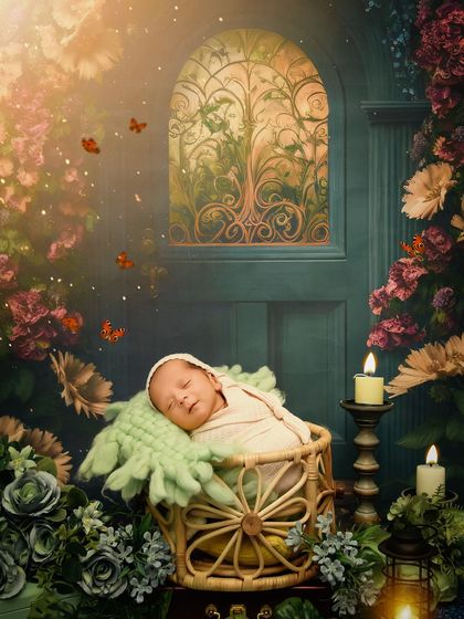 A newborn sleeps in a basket before a magical door in an enchanted garden. The butterflies and soft lighting add to the whimsical and imaginative feel of this portrait.