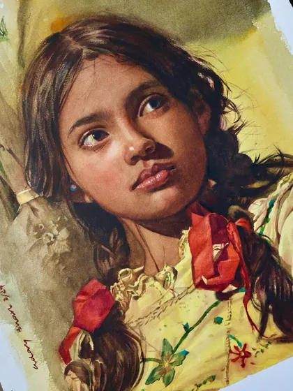 A close-up view of the young girl's portrait, showing the delicate brushwork used to capture her innocent expression and the texture of her braided hair.