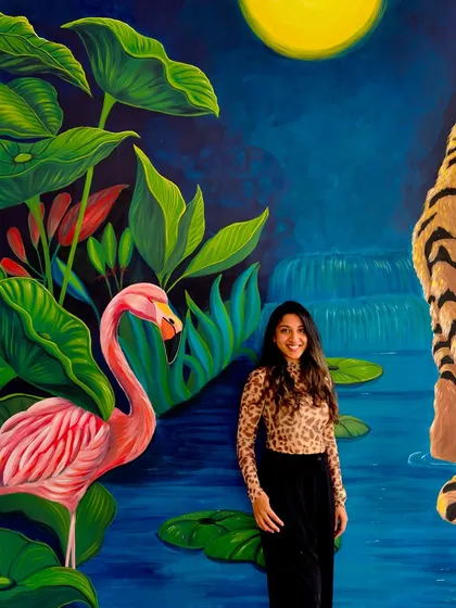Imagine a mystical forest coming to life in your own home. I painted this piece, with its vibrant flamingo and majestic tiger, for a farmhouse in Hyderabad, turning a blank wall into a portal to another world. If you want your space to tell a unique story, I can create that for you.