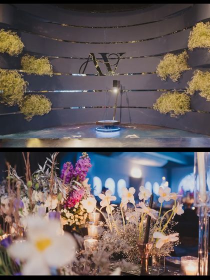 Details from the 'Interstellar' Sangeet, including a 360-degree photo booth with the couple's monogram and unique floral arrangements.