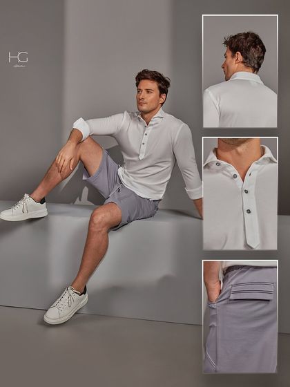 Leveling up your everyday style with a comfortable yet polished set. This white long-sleeved polo and shorts combination shows how even the most casual pieces can be elevated with the right tailoring and details.