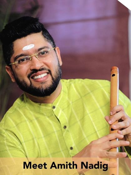 A graphic introducing flautist Amith Nadig for his "Morning Raag" concert.