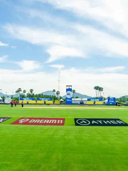 A wide shot of the ground branding at the TNPL. We strategically place sponsor logos on the field for maximum broadcast exposure.