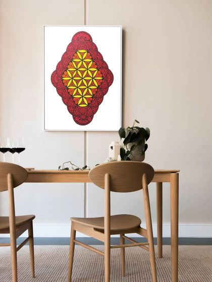 The mandala displayed in a dining room setting. Its warm colors bring a welcoming and harmonious feel to the space.