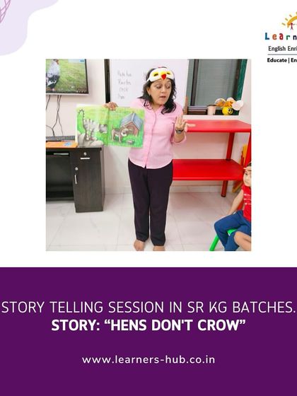 Storytelling is a magical way to engage young learners. Here, I am using props and expressions to tell the story of "Hens Don't Crow" to my Senior KG batch, capturing their imagination and building their listening skills.