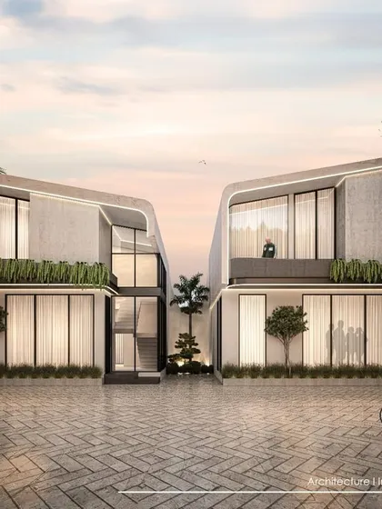 A wider perspective of a Goa proposal, showing how two symmetrical villas can create a stunning, unified composition with a shared modern aesthetic.