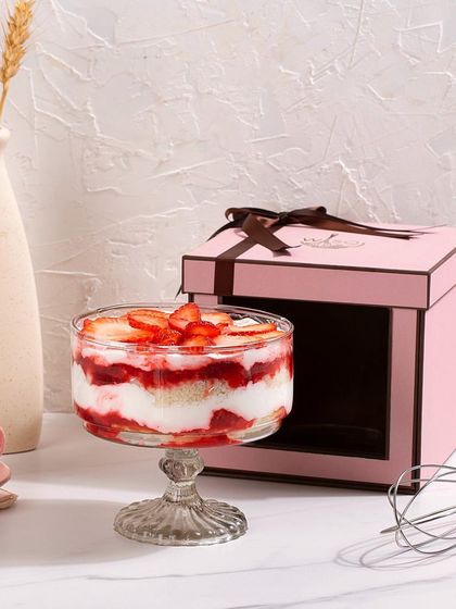 My Strawberry Cream Cheese Trifle, layered with fresh berries and cream, looks beautiful in its single-serving gift box. A perfect winter treat.
