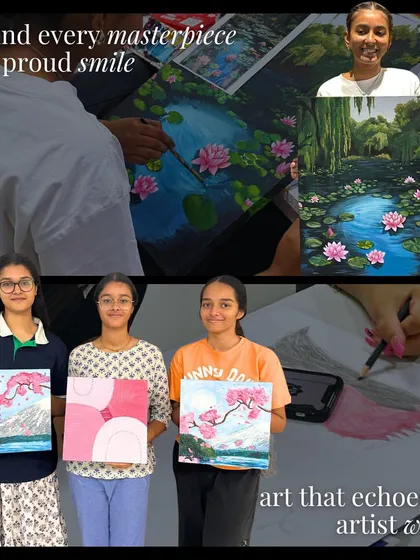 Behind every masterpiece is a proud smile. This collage celebrates the finished artworks and the happy students who created them.