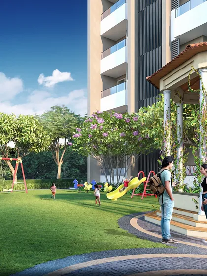 The design for this development includes family-friendly amenities like this park and playground, ensuring a high quality of life for residents.