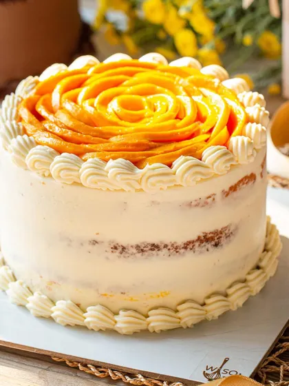 My Vanilla & Mango Cake is a seasonal favorite. This semi-naked cake is layered with vanilla buttercream and fresh mango, topped with an intricate mango rose.