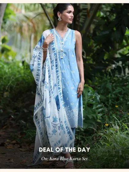 The Kora Blue Kurta Set is a sleeveless design perfect for summer. The floral print and tassel details add a playful touch to this easy-to-wear outfit.