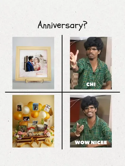 A fun meme showing the difference between a simple photo frame and a grand, personalized anniversary hamper. Let's make your anniversary gift a "wow" moment.