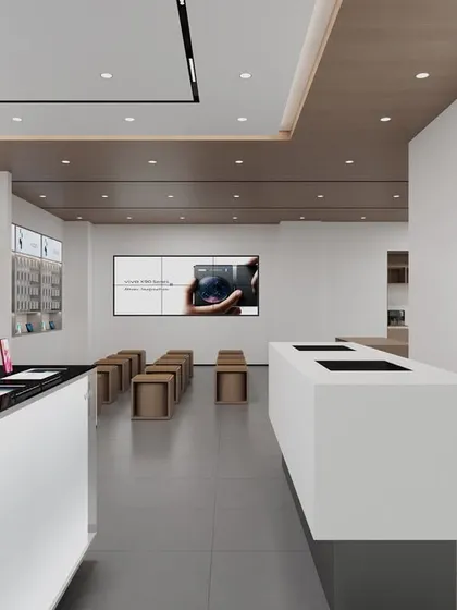 Another interior shot of the Hyderabad store, showing the product display tables and large-format digital screens. Our retail layouts are planned for optimal customer flow and product interaction.