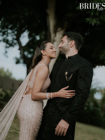 A tender moment between the couple, featured in Brides Today. This shot captures a natural, loving glance shared during their Mauritius wedding celebrations, reflecting the warmth and truth of their connection.