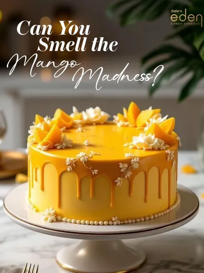 Capturing the essence of summer with this mango drip cake. It's decorated with fresh Alphonso mango slices and delicate white chocolate flowers, promising a taste of tropical sunshine in every bite.
