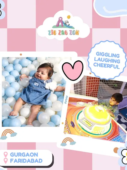 Giggling, laughing, cheerful! This collage captures the pure happiness of kids playing, from a baby enjoying the ball pit to a boy winning at an arcade game.