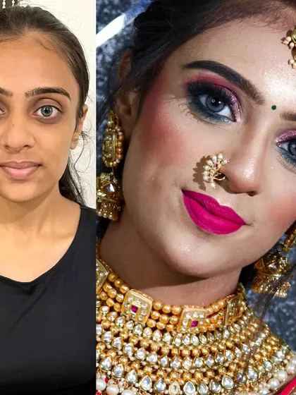 A stunning transformation showcasing a glamorous bridal look with dramatic pink glittery eyes and flawless skin.