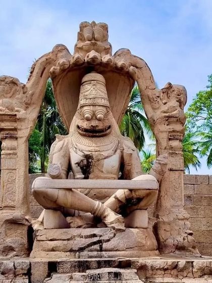 The monolithic statue of Ugra Narasimha in Hampi, one of the most imposing sculptures in the ancient city.