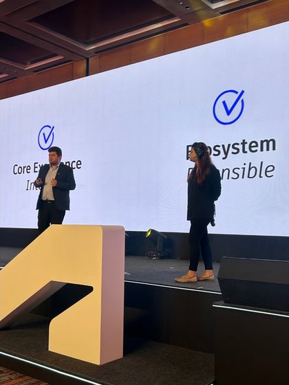 Our team on stage during a rehearsal for the Autodesk Summit. We work with speakers to ensure they are comfortable with the stage and technology.
