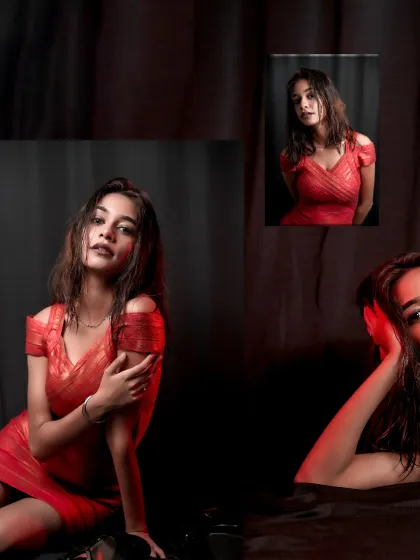 A collage of fierce poses, capturing the dynamic energy and high-glam confidence of the red dress shoot.