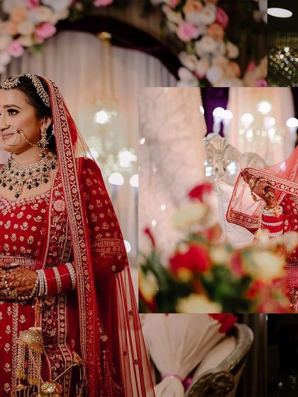 A creative wedding collage focusing on the bride's emotional and happy expressions during her Sikh wedding ceremony.