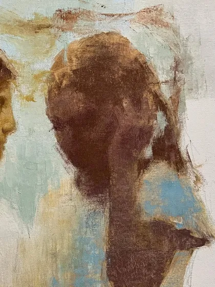 A detail from "Choice of Living," showing the abstract and expressive handling of the background and figures.