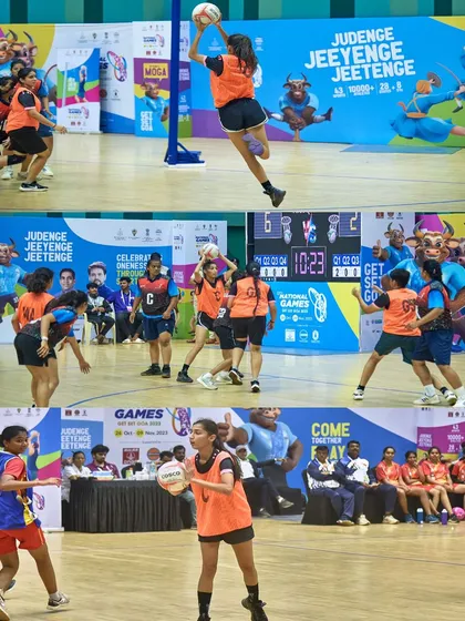 A series of action shots featuring Geetanjali Bagga, the captain of the Delhi Netball team. This collage captures her leadership and agility on the court, from passing the ball to directing the play.