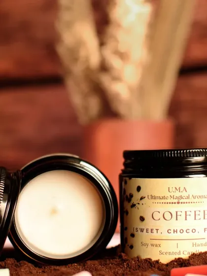 "A Scented Coffee Candle a day, lifts your mood everyday." This candle, with its sweet, choco, and fresh notes, is perfect for making your day.