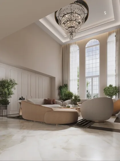 A grand, double-height living room with arched windows and a large crystal chandelier. The render conveys a sense of light-filled, airy opulence.