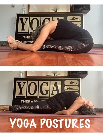 A two-part image showing Paschimottanasana (Seated Forward Bend) and Matsyasana (Fish Pose). This is a classic pairing of a forward bend and a counter-posing backbend.
