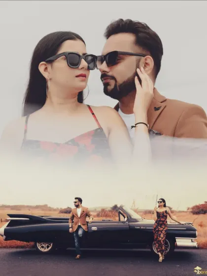 A classic collage featuring a vintage car. The top frame is an intimate close-up, while the bottom frame shows the grand, stylish scene.