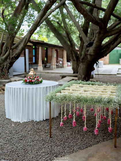 A unique decor piece with a canopy of baby's breath and hanging pink flowers, perfect for a cake table or photo booth.