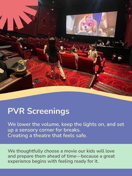 At our PVR screenings, we lower the volume, keep the lights on, and set up a sensory corner for breaks. We thoughtfully choose a movie our kids will love and prepare them ahead of time for a great experience.
