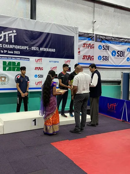 The award ceremony at the All India Ranking T T Tournament in Hyderabad, where Akash K J received his bronze medal.