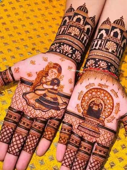 A design for the devotee, this mehendi features a girl praying to a Shivling on one palm and the Mahamrityunjay mantra written on the other.