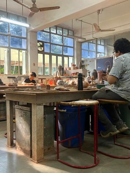 The studio on a summer afternoon, filled with natural light. We've designed the space to be inspiring and functional, with everything you need for your ceramic practice easily accessible.