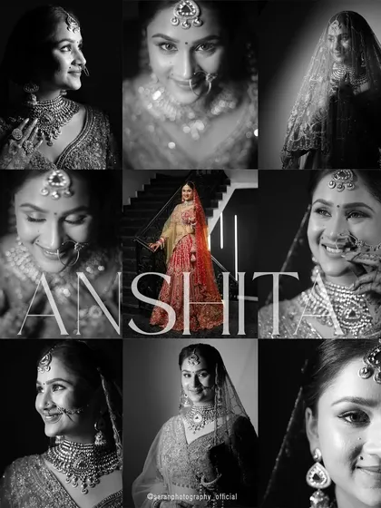 A grid of nine stunning bridal portraits, capturing a wide range of expressions from joyful to contemplative.