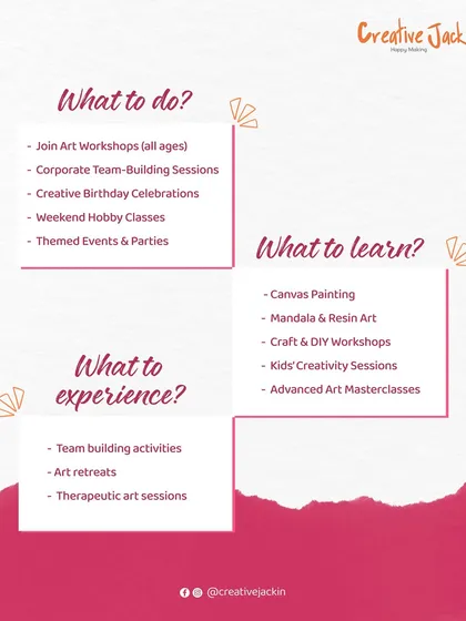 Wondering what you can do at my studio? This graphic gives you a quick overview of all the creative experiences I offer. From art workshops and corporate sessions to birthday parties and themed events, there's a way for everyone to get creative.