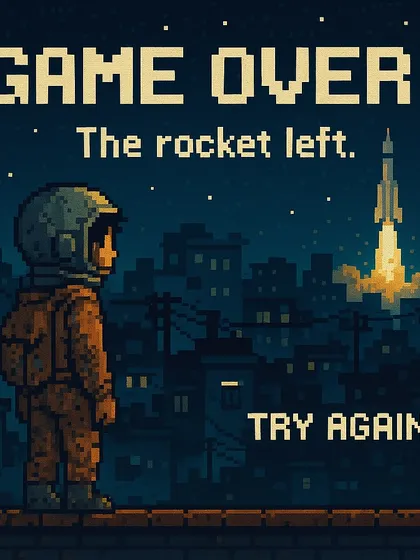 The 'Game Over' screen from the same fictional game, showing the player character missing the rocket.