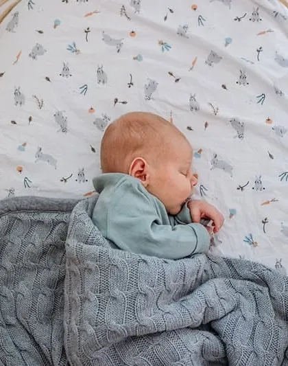 An overhead view of a baby sleeping soundly in a modern bassinet. We capture the peaceful atmosphere of your baby's nursery.