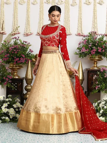 The full look, showcasing the contrast between the rich red blouse and the shimmering beige silk skirt with its golden zari border.