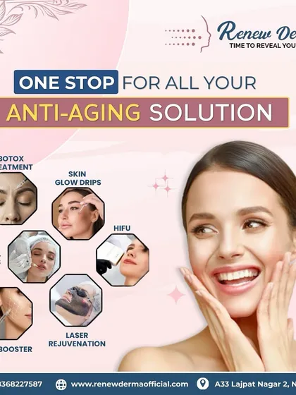 We are your one-stop solution for anti-aging. This graphic showcases our range of services, including Botox, dermal fillers, skin boosters, HIFU, and laser rejuvenation.