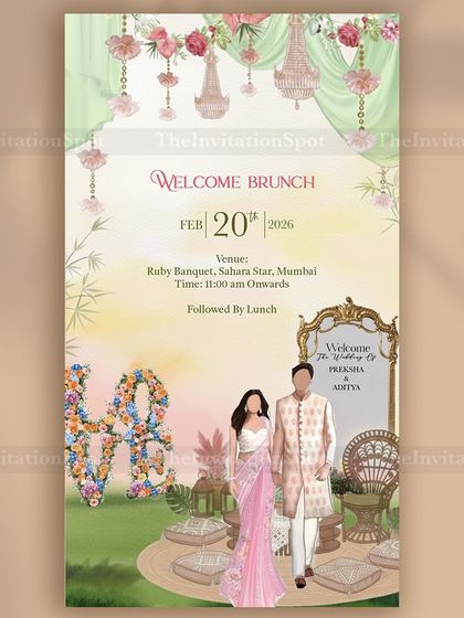 A chic and modern invitation for a welcome brunch. I illustrated the couple in their stylish outfits, surrounded by pastel decor and floral arrangements, to set a relaxed and elegant tone for the start of the wedding festivities.