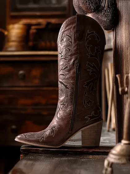 A detailed shot of a cowboy boot in a rustic, wooden interior. This image highlights the intricate stitching and texture of the leather, appealing to customers who appreciate quality craftsmanship.