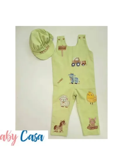 For the little one who loves animals. This custom farm-themed dungaree is embroidered with his name 'Avyaan' and his favorite animals, making it a playful and personal piece.