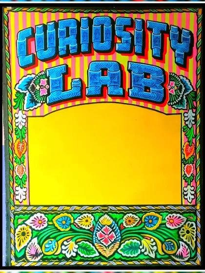 The completed sign for "Curiosity Lab," a commission for a client in the USA. The design features intricate floral borders and patterned lettering.