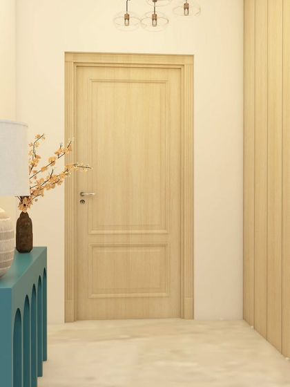 The entryway design for ATS Nobility, showing the relationship between the console table, the main door, and the vertically paneled wall. This creates a cohesive and well-planned entrance.