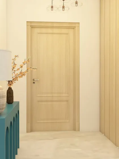 The entryway design for ATS Nobility, showing the relationship between the console table, the main door, and the vertically paneled wall. This creates a cohesive and well-planned entrance.