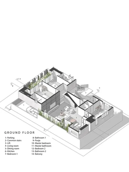 An axonometric view of the ground floor plan, detailing the layout of the first apartment, parking, and common areas. These drawings are a key part of our design process, helping to clarify the spatial arrangement.